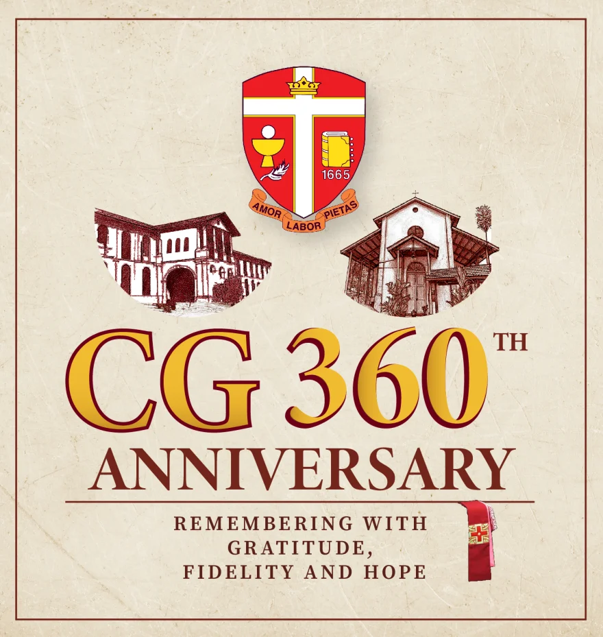 The CG 360 anniversary emblem: the College General crest above the seminary's Ayutthaya and Penang homes, the 360th anniversary wordmark, and the theme, remembering with gratitude, fidelity and hope