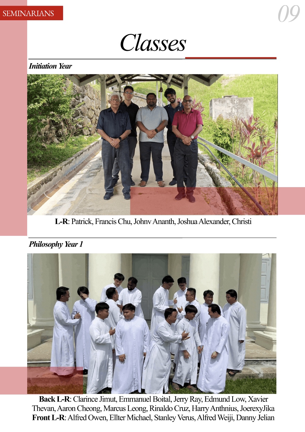 Classes, page 09. Initiation Year and Philosophy Year 1 group photographs with names printed below each photograph.