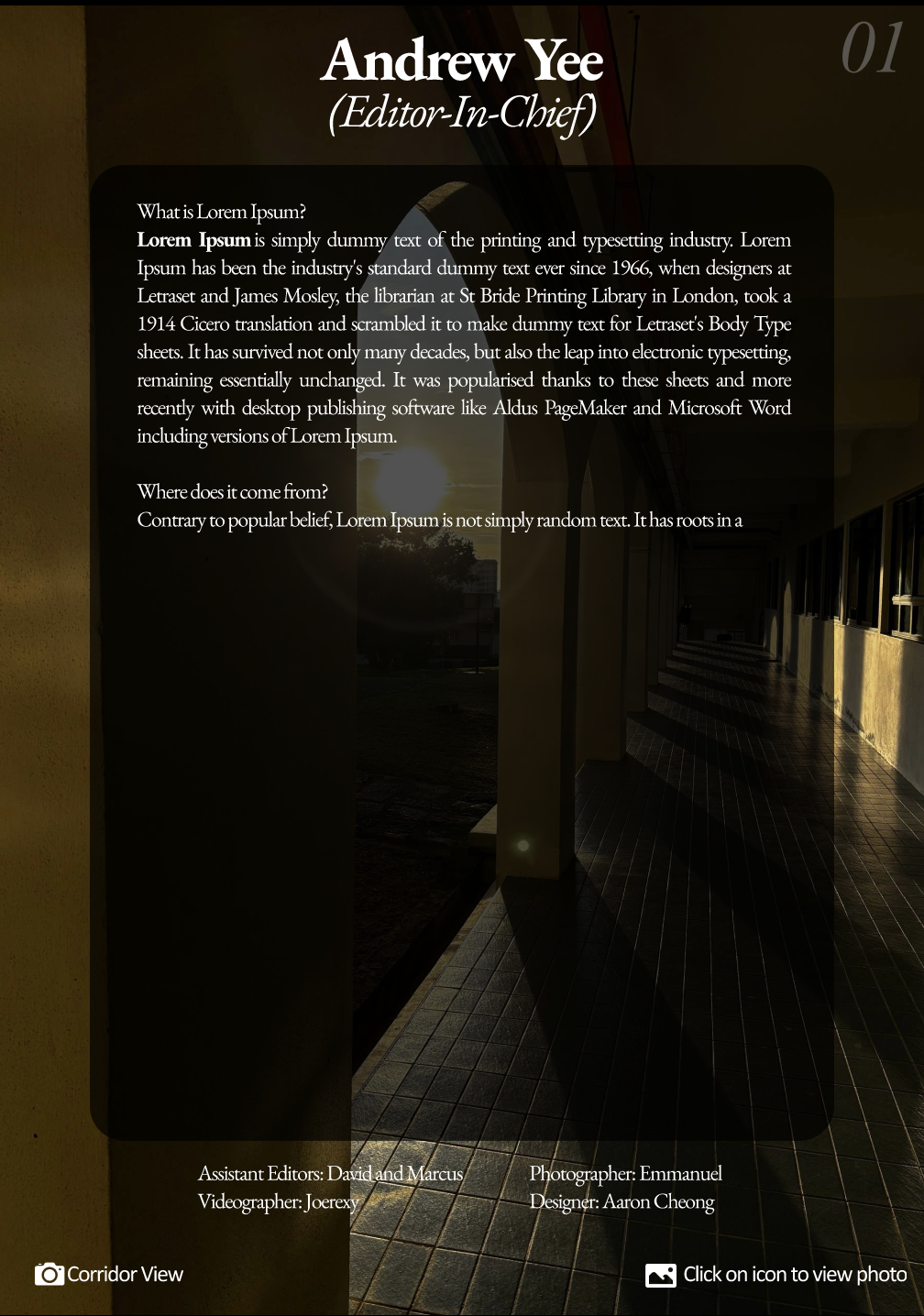 Andrew Yee, Editor-In-Chief, over a sunset-lit corridor. Credits: assistant editors David and Marcus, videographer Joeyee, photographer Emmanuel and designer Aaron Cheong. The Corridor View photo link is at the lower right.